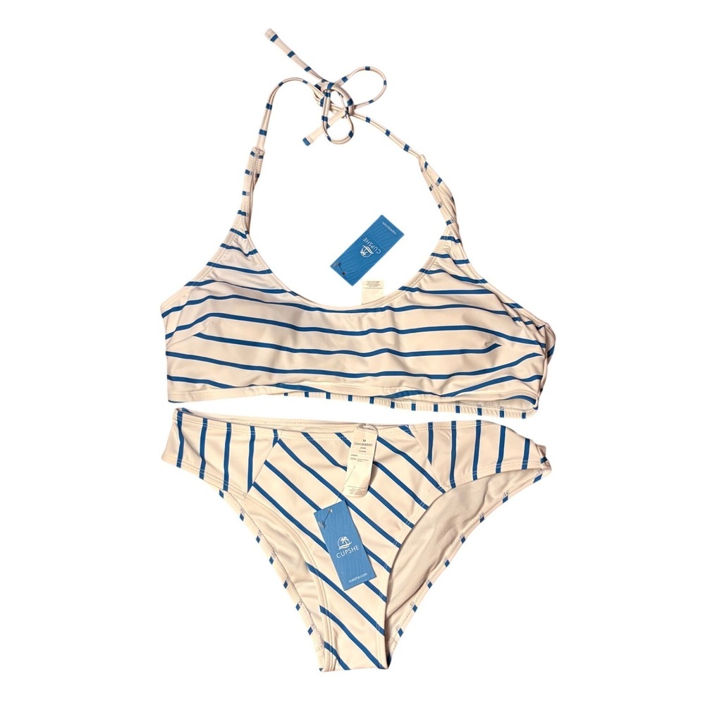 Cupshe Cream and Blue Striped Halter Bikini